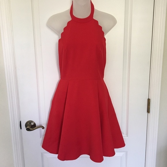 Red scalloped high neck low back halter dress - Picture 1 of 4